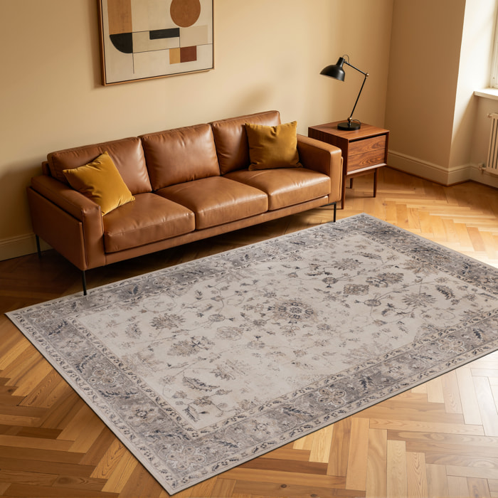 INKA - Tapis beige à poils courts doux à motif oriental