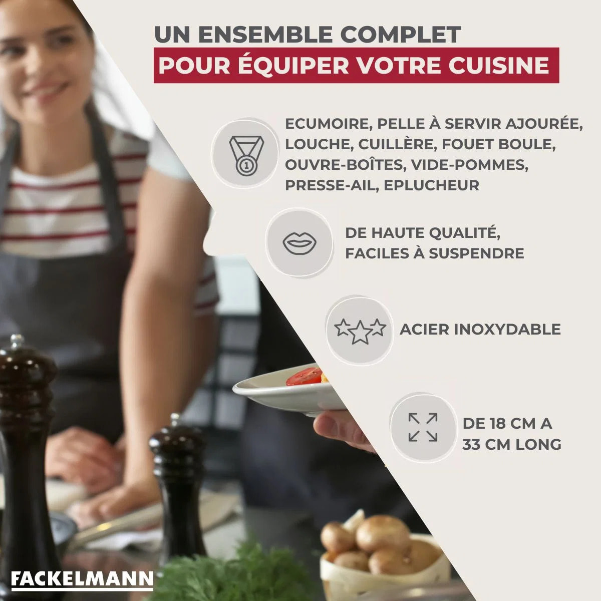 Ensemble de 9 ustensiles de cuisine inox Fackelmann Ovale