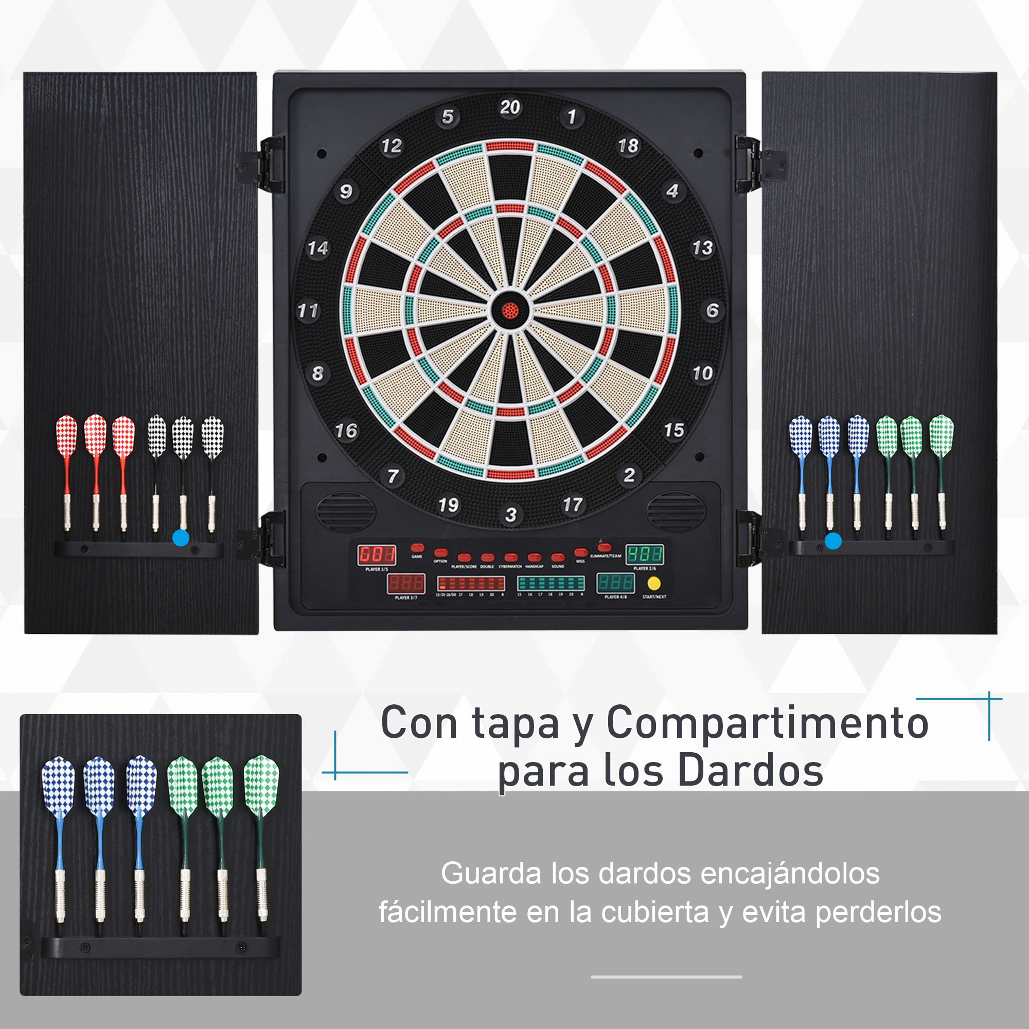 Diana Electrónica Digital hasta 8 Jugadores con 12 Dardos y 30 Puntas con Pantalla LED Puertas 27 Juegos Distintos y 202 Variantes 51x6,5x57 cm Negro
