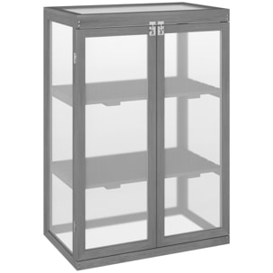 Mini serre de jardin 3 niveaux dim. 76L x 47l x 110H cm double porte toit ouvrant bois sapin lasuré gris polycarbonate