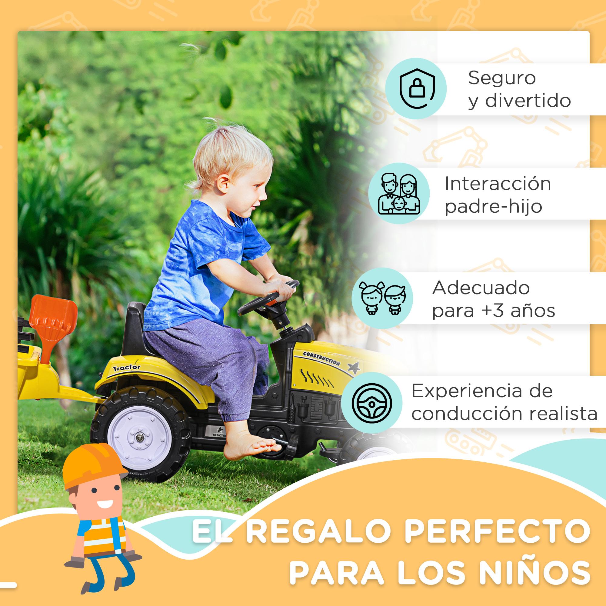 Tractor a Pedales para Niños de 3 Años con Remolque Juguete de Montar Coche de Pedales Carga 35 kg 133x42x51 cm Amarillo