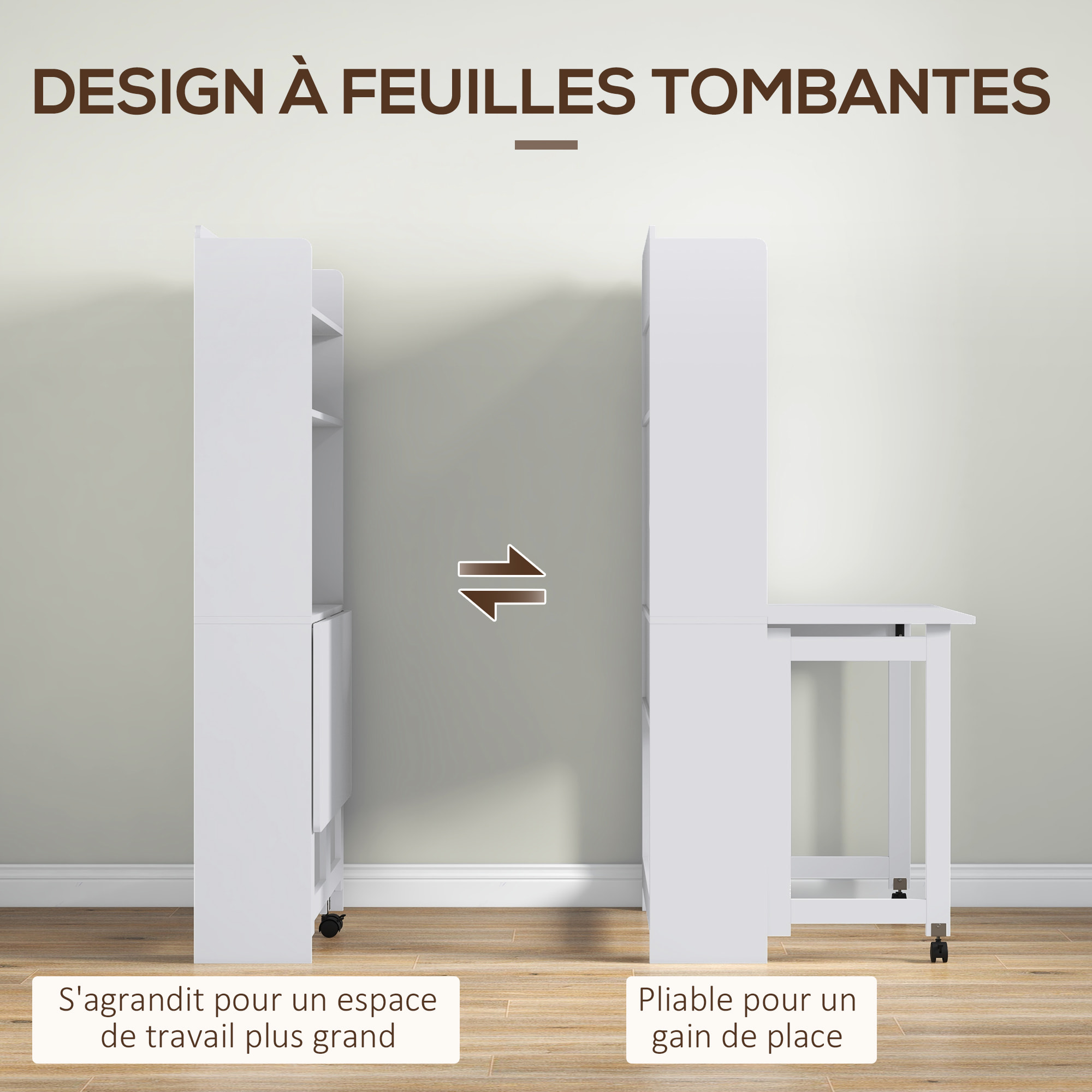 Bureau mural pliable table murale rabattable suspendue sur pied avec bibliothèque 3 étagères MDF blanc