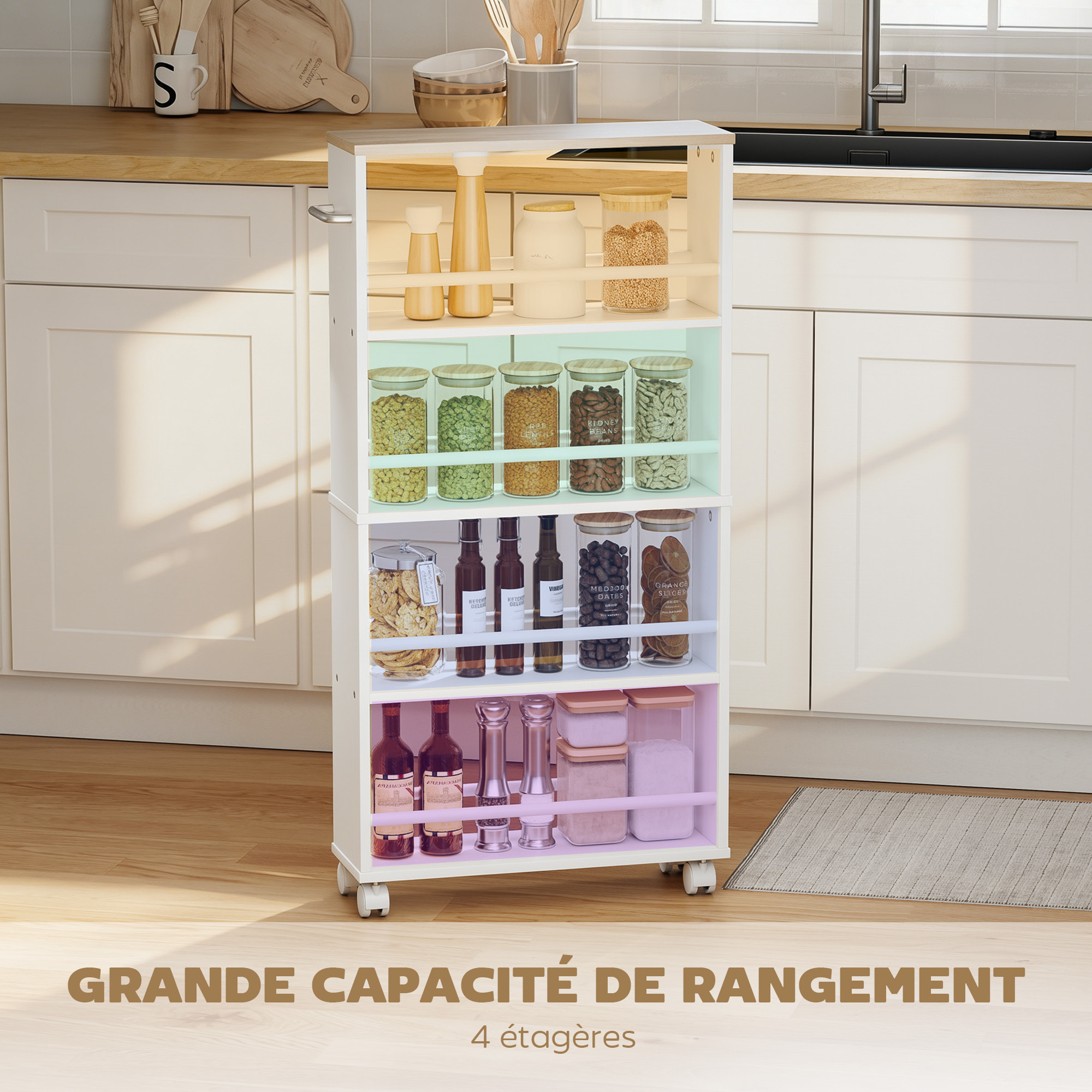Chariot de rangement 4 niveaux - desserte à roulettes - cuisine ou salle de bain - blanc naturel