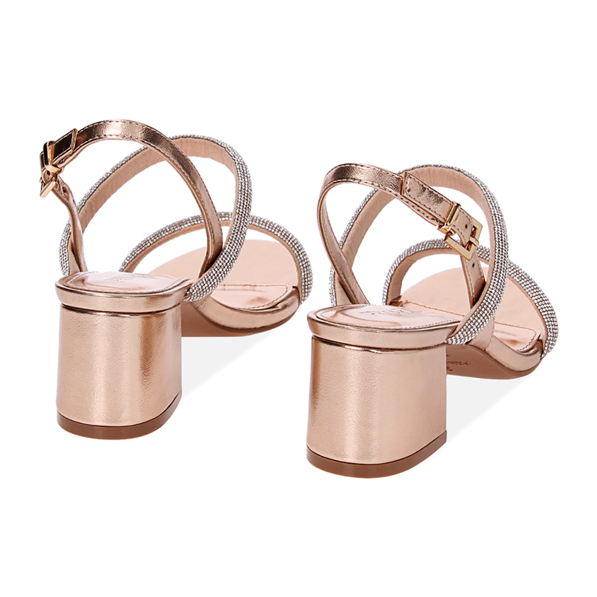 Sandali rosa-oro in laminato con pietre, tacco 5,5 cm