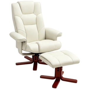 Sillón Reclinable con Reposapiés Sillón de Salón con Tapizado en Tejido Tecnológico y Estructura de Madera Carga 150 kg Butaca para Dormitorio Sala de Estar Crema