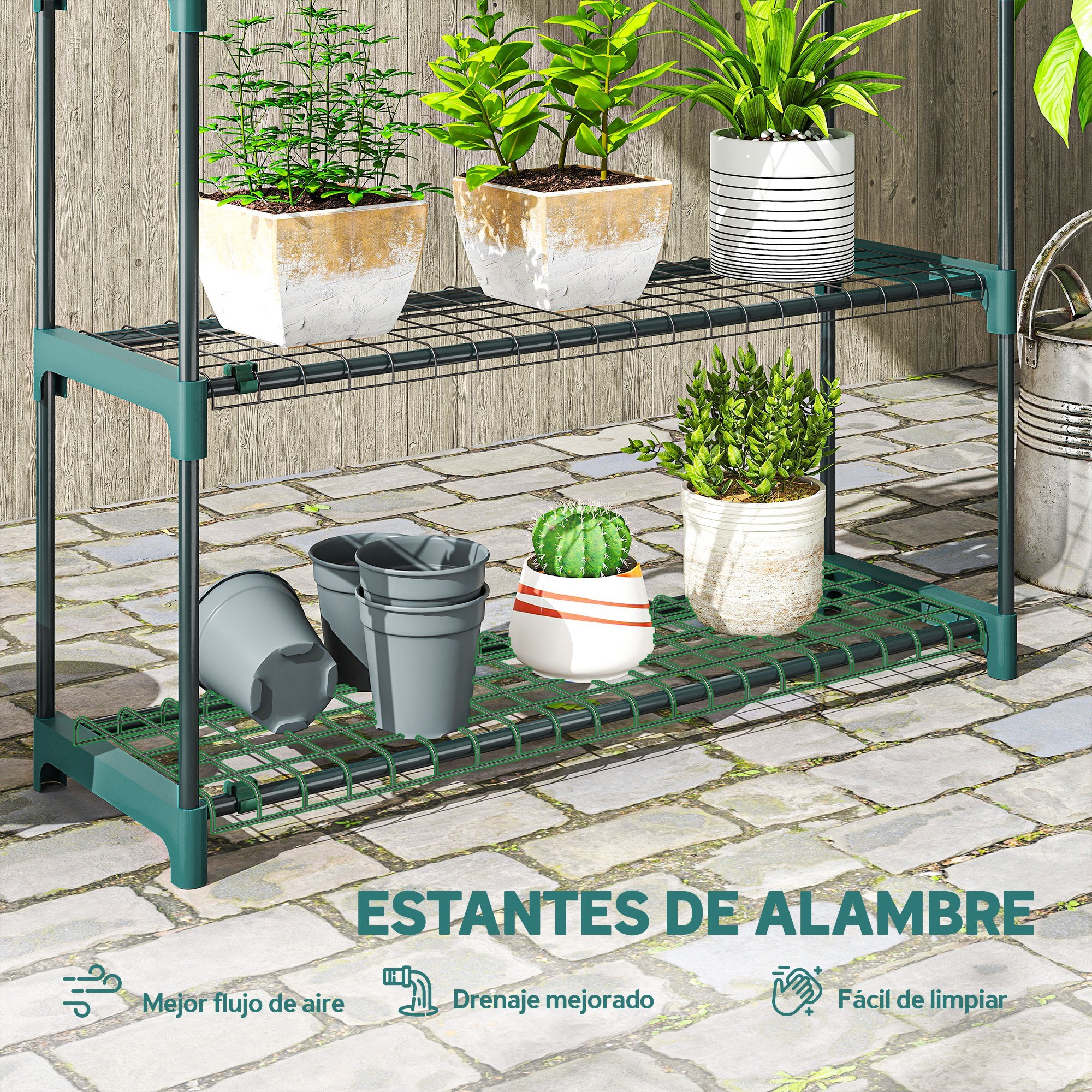 Juego de 2 Soportes para Plantas de 4 Niveles para Interior y Exterior, Estanterías para Plantas de Acero con Conectores para Fácil Montaje, Estantes para Macetas, Jardín, Balcón, Verde