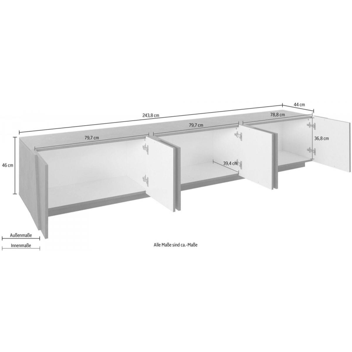 Mobile da soggiorno Porta TV, Made in Italy, Supporto per TV da salotto a 6 antine battenti con dettaglio, cm 244x44h46, colore Bianco lucido