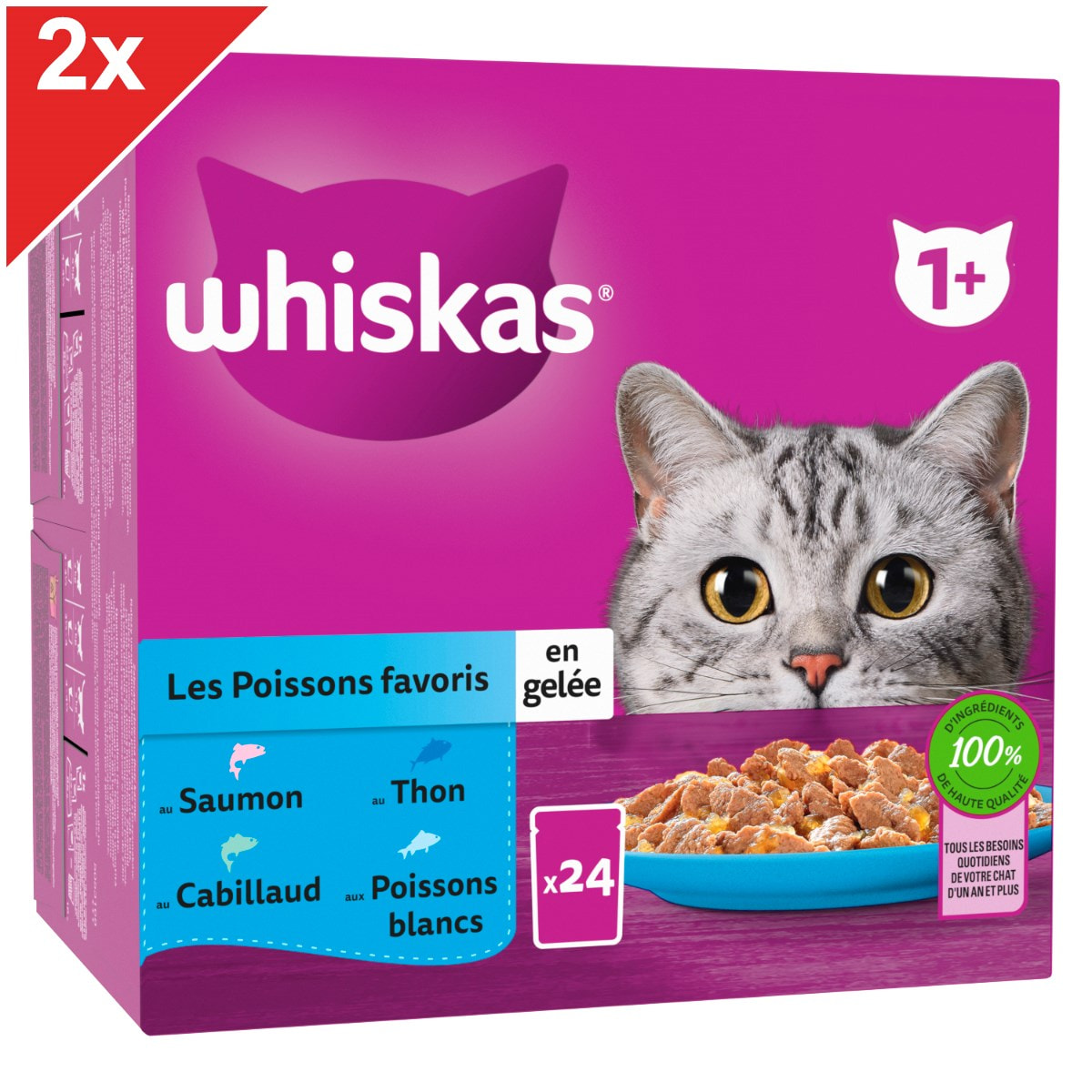 WHISKAS 48 Sachets fraîcheur en gelée 4 variétés poissons pour chat 85g (2x24)