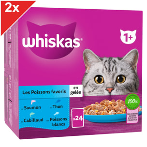 WHISKAS 48 Sachets fraîcheur en gelée 4 variétés poissons pour chat 85g (2x24)