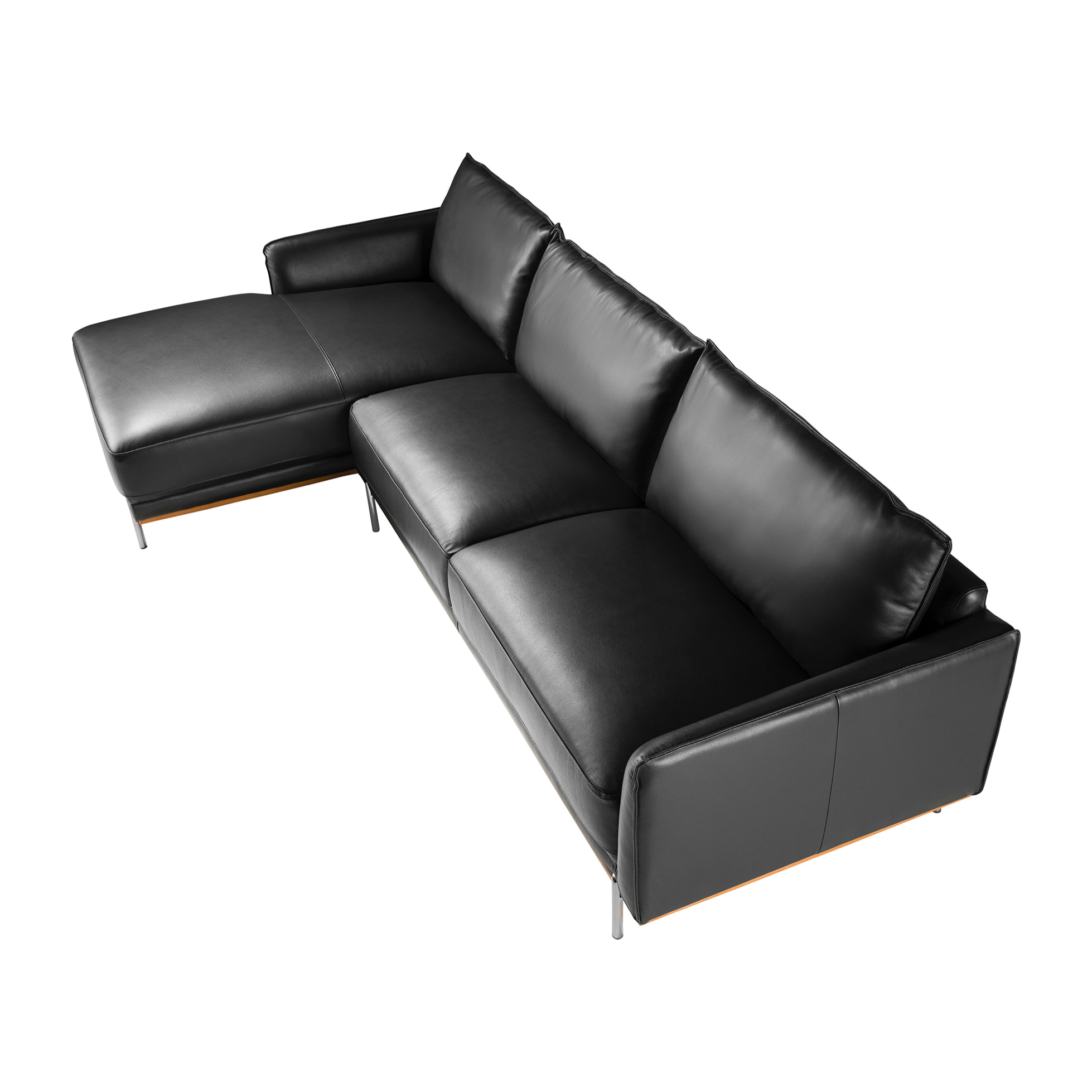 Sofá chaise longue Angel Cerdá izquierda de 5 plazas tapizado en piel de origen vacuno en negro embellecedor de madera de haya vaporizada en nogal y patas de acero inoxidable oscurecido 295x160x83cm