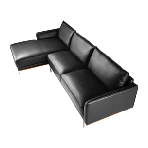 Sofá chaise longue Angel Cerdá izquierda de 5 plazas tapizado en piel de origen vacuno en negro embellecedor de madera de haya vaporizada en nogal y patas de acero inoxidable oscurecido 295x160x83cm