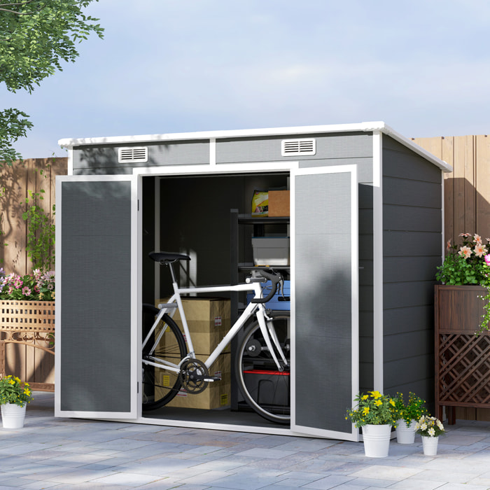 Abri de jardin 2,54 m² dim. 2,4 x 1,3 m - fondation incluse - fenêtre, 2 portes, aérations - alu PP gris blanc