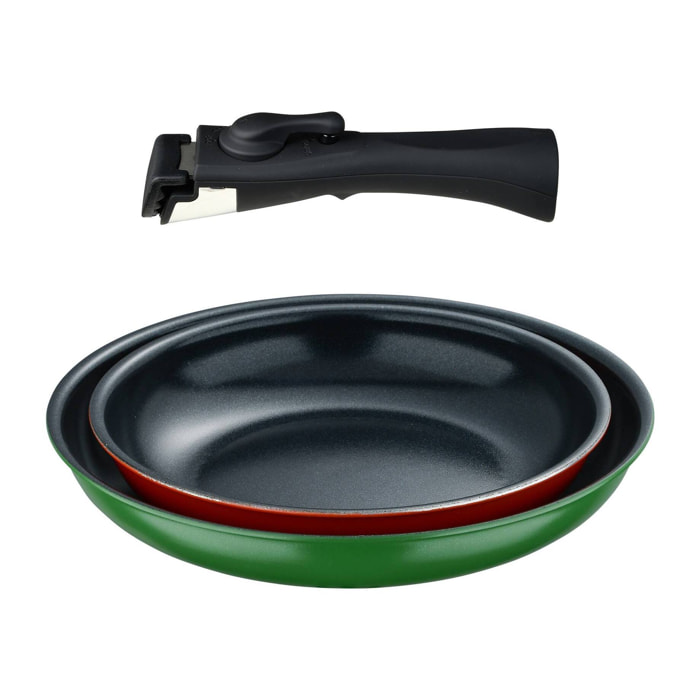 juego de 2 sartenes ø22ø26cm aluminio prensado 2 colores + mango desmontable