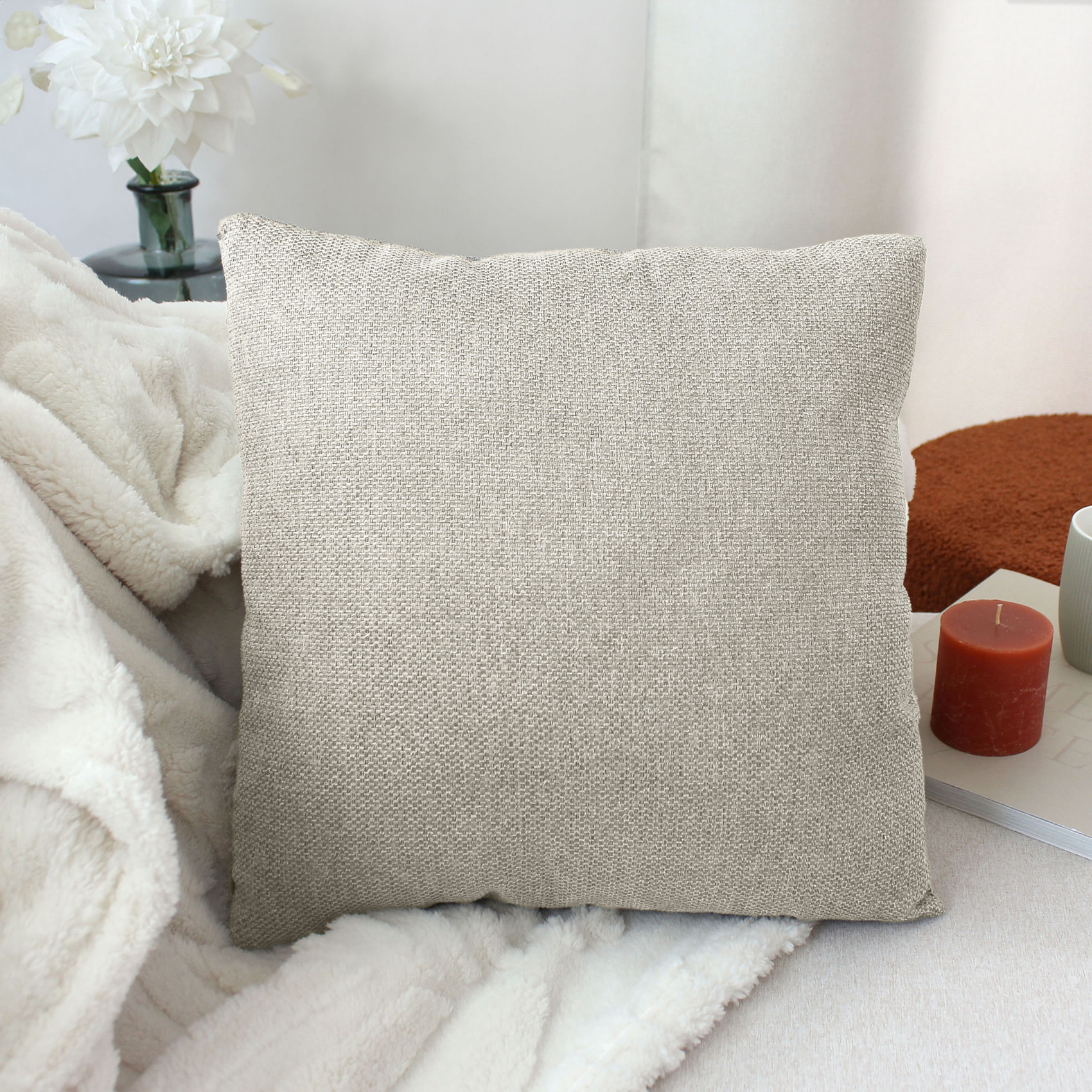 Coussin déhoussable en velours chenillé - Naturel