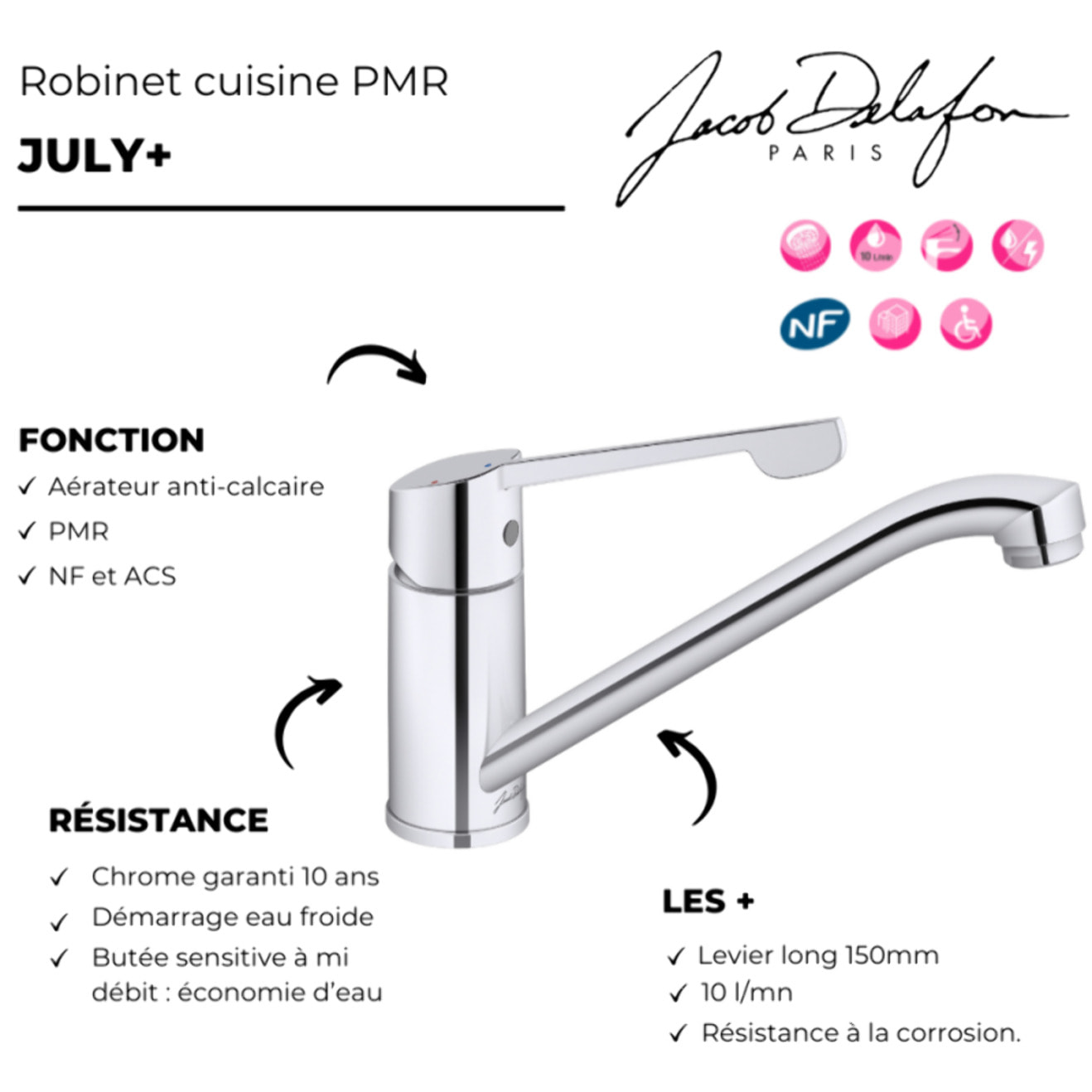 Robinet cuisine bec bas PMR July+ chromé