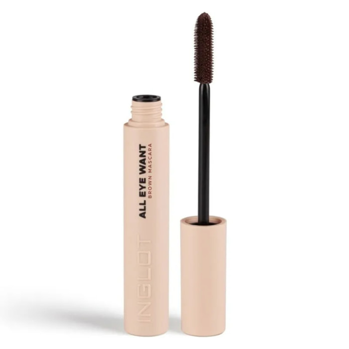 INGLOT All Eye Want Brown Mascara, Mascara extra volumen y longitud color marrón, Hidrata y cuida tus pestañas, Efecto pestañas postiza. 8.5ml