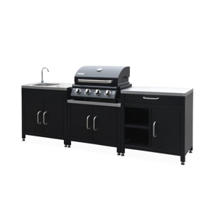 Ensemble de meubles de cuisine extérieure en acier inoxydable 7 modules avec barbecue au gaz 4 brûleurs et housse de protection