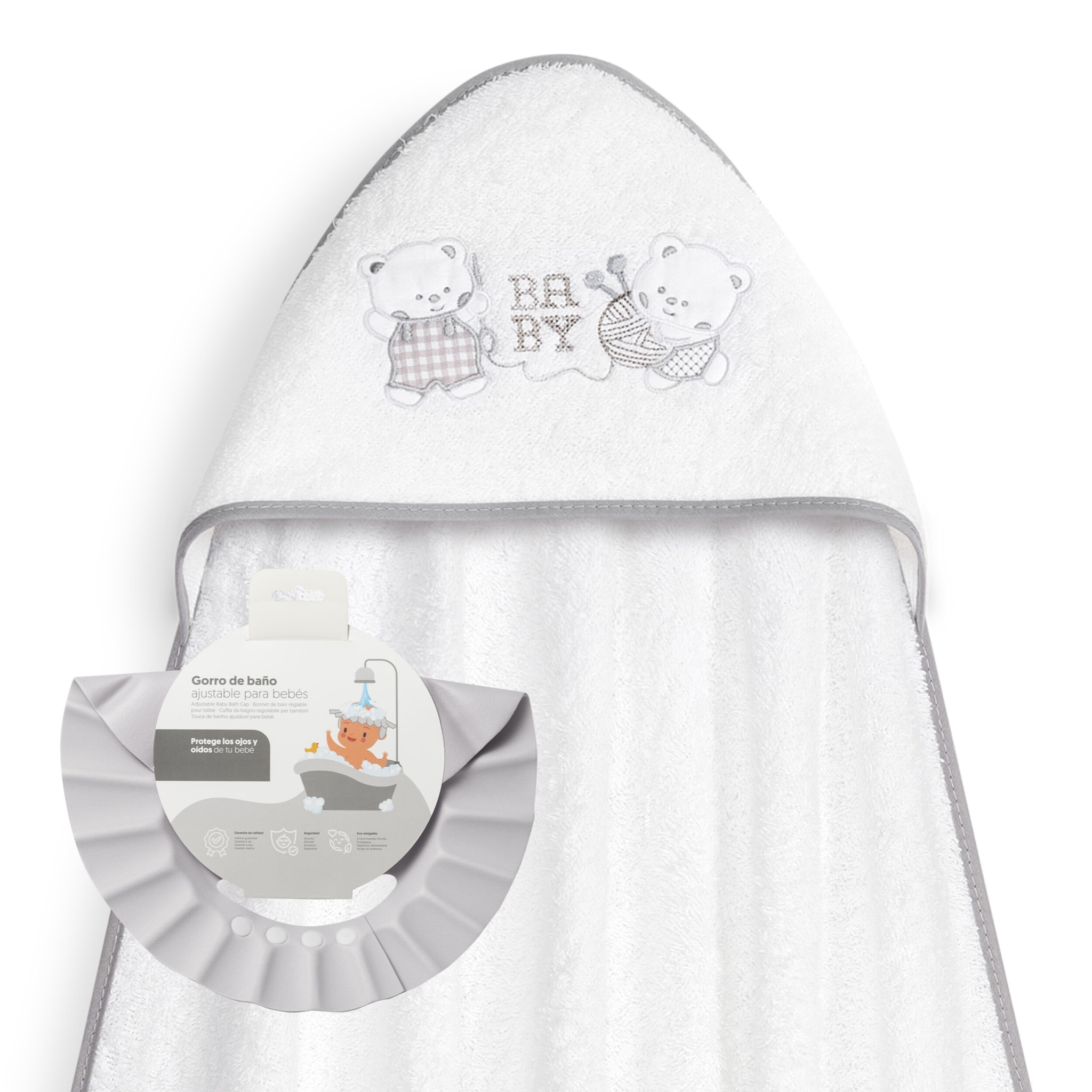 Capa Baño 1X1 Mod Ositos Baby Juguetones + Gorro Bco/Gris