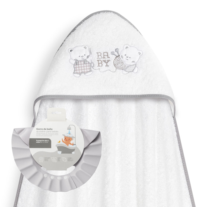 Capa Baño 1X1 Mod Ositos Baby Juguetones + Gorro Bco/Gris