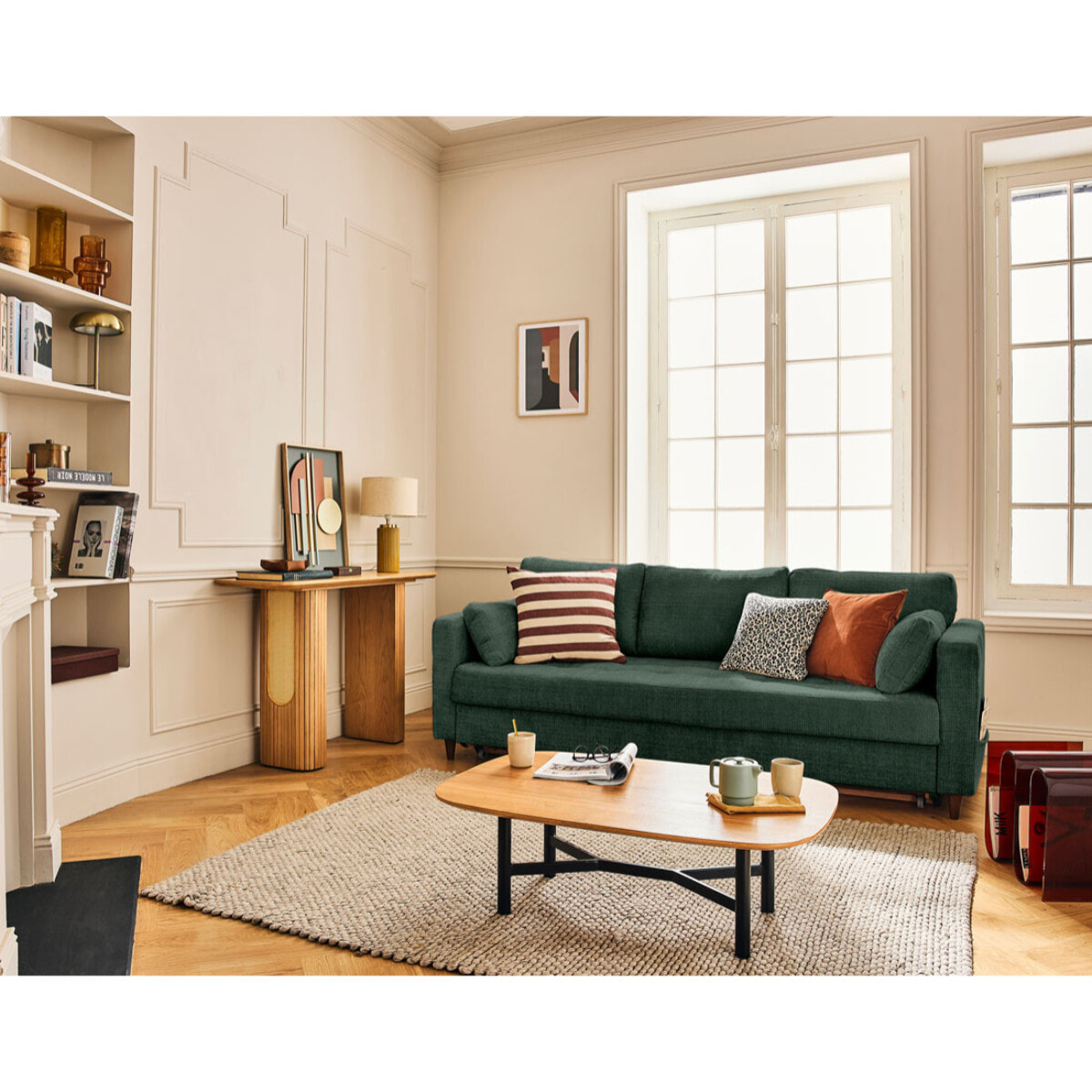 Anna - canapé droit 3 places convertible avec poche en velours texturé - Vert