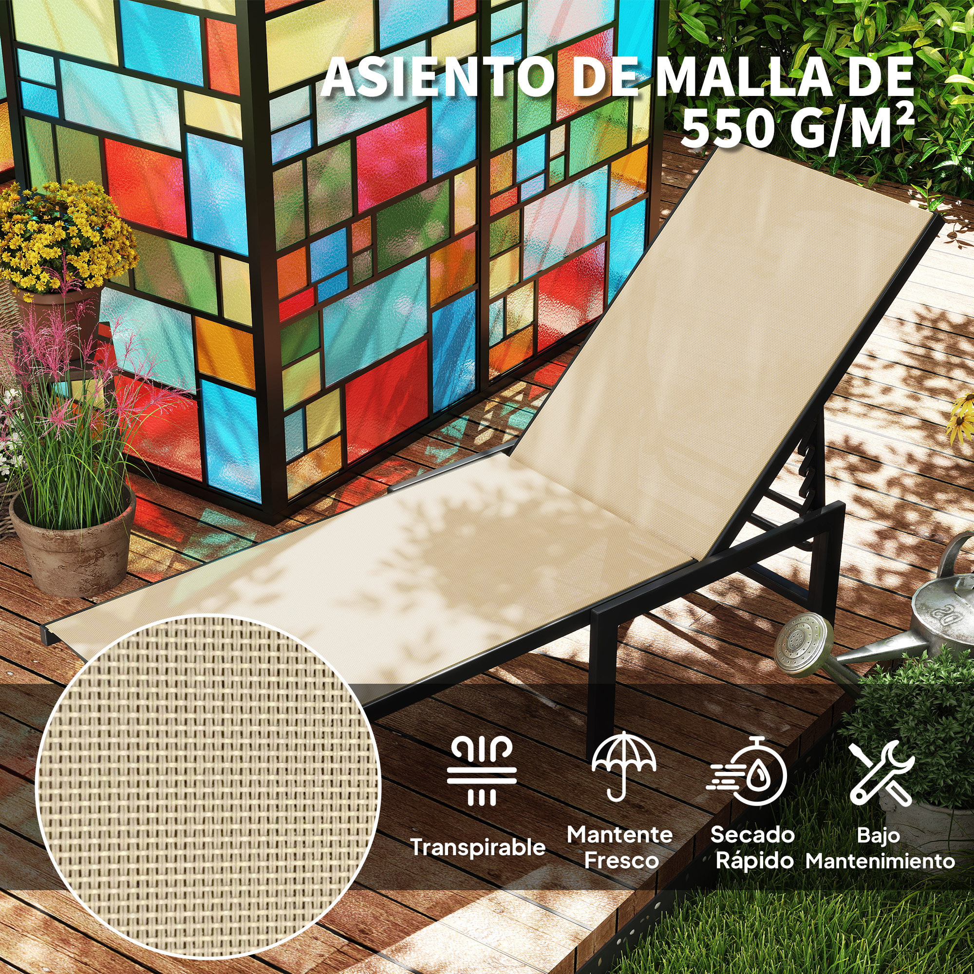 Tumbona Jardín Exterior, Tumbona Reclinable con Respaldo Ajustable en 4 Niveles y Estructura de Acero, Impermeable, Carga 120 kg, para Patio, Terraza, Balcón, 166x60x84 cm, Caqui