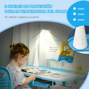 Juego de Escritorio y Silla para Niños de +6 Años Pupitre Infantil con Altura Ajustable Mesa Inclinable Cajón Lámpara LED y Portalápices 80x49,5x82-104 cm y 35,5x43,5x63-73 cm Azul