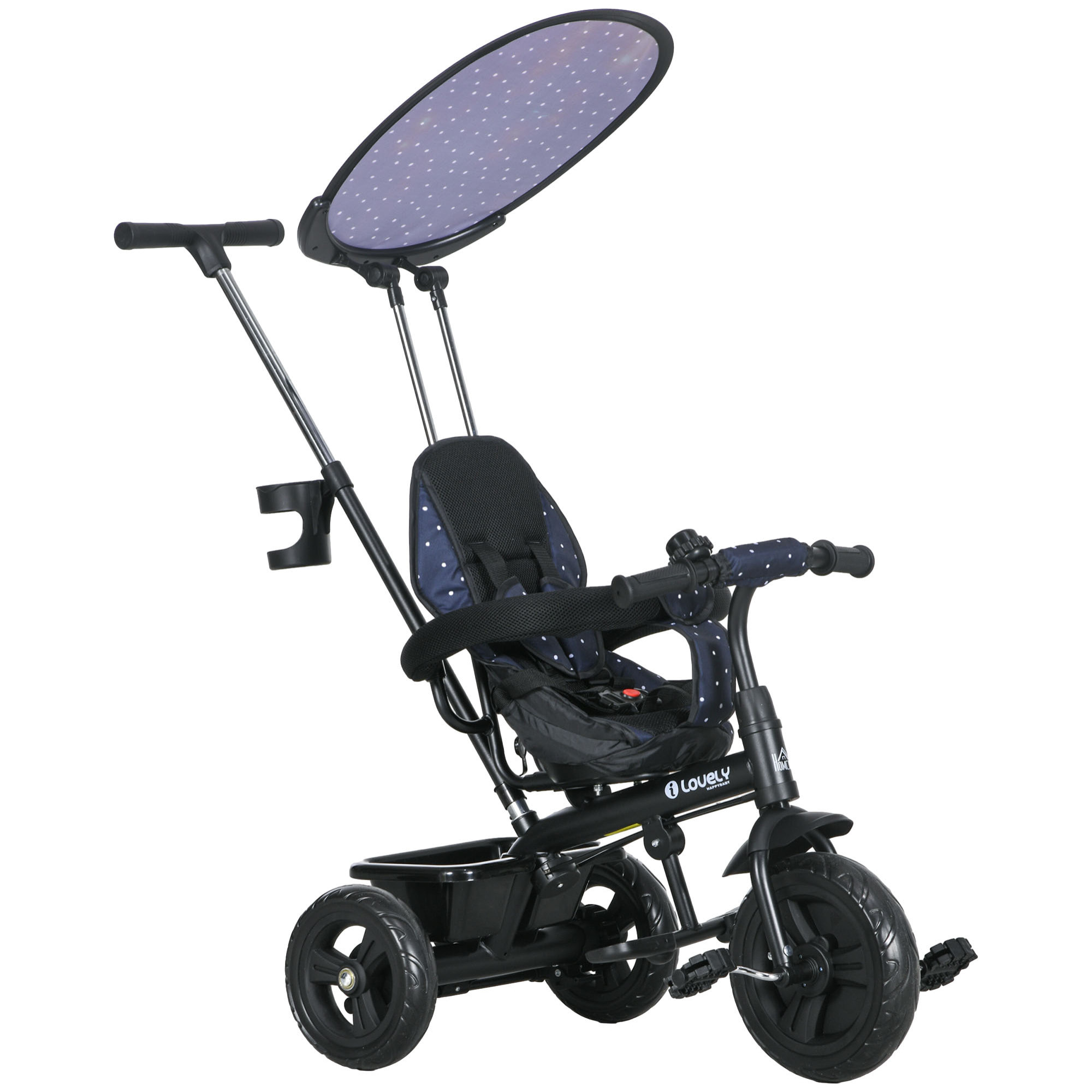 Tricycle enfant pare-soleil pliable canne amovible benne rangement acier bleu à pois noir