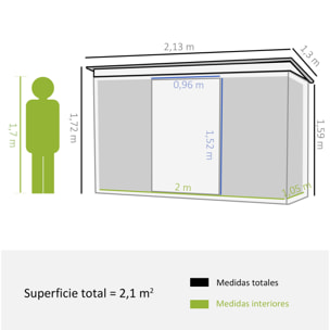 Cobertizo de Jardín 213x130x172 cm Base de 2,1 m² Caseta de Exterior Metálica para Almacenamiento de Herramientas con 2 Puertas Correderas y 2 Ventanas Verde