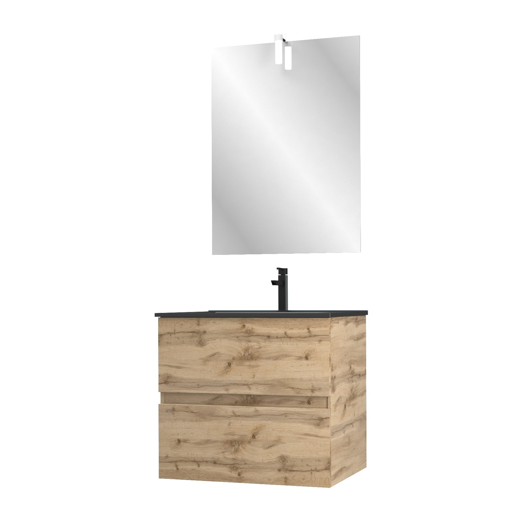 Meuble salle de bain 60x54 - Finition chene naturel + vasque noire + miroir Led - TIMBER 60 - Pack29