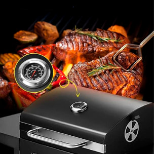Barbecue portatile in ferro con vassoio per carboni regolabile in altezza e termometro.