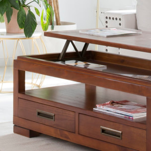 Table basse avec plateau relevable Kenia -bois massif et placage naturel de mindi-couleur teck 110 x 46 x 60 cm