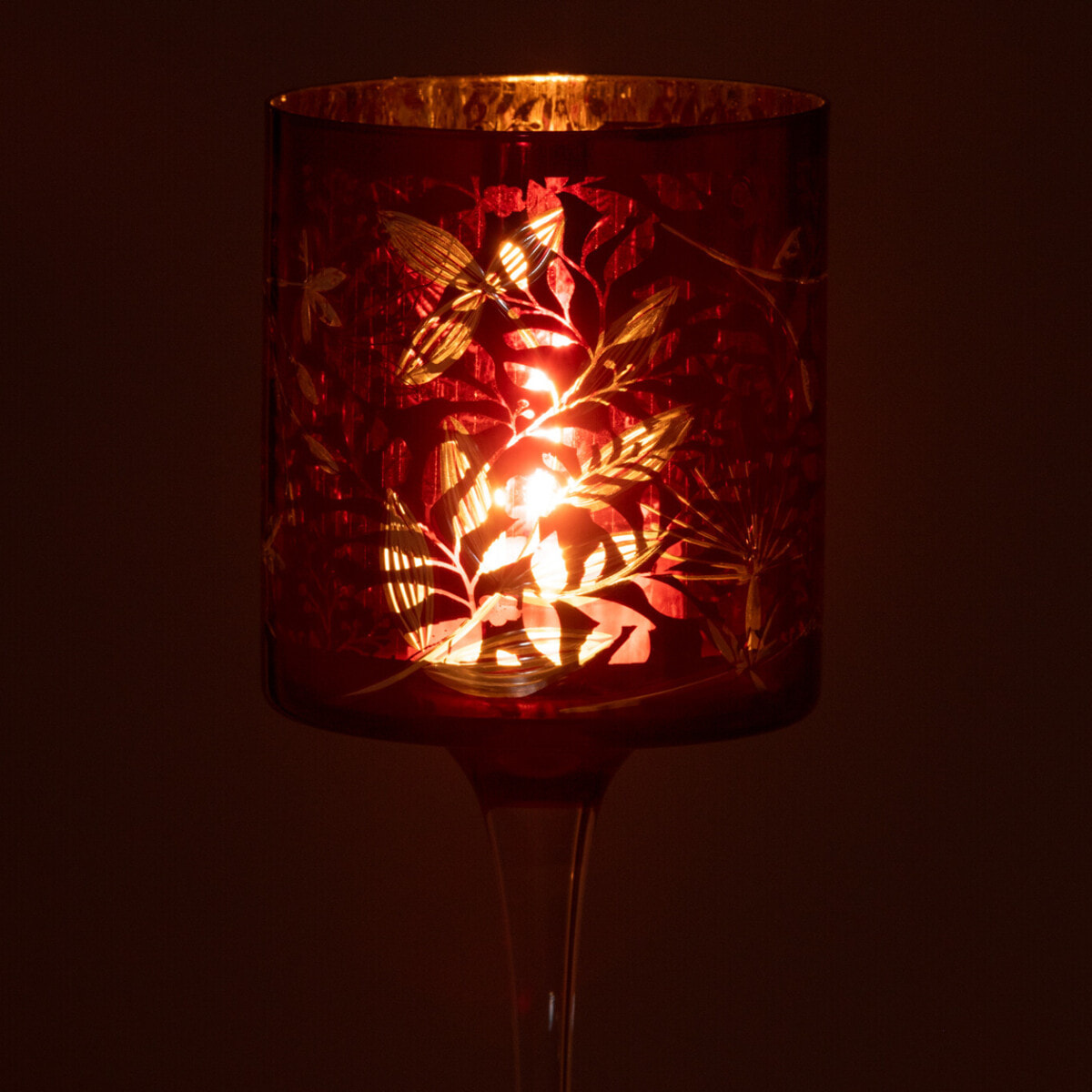 J-Line photophore Sur Pied Feuilles - verre - rouge/or - large
