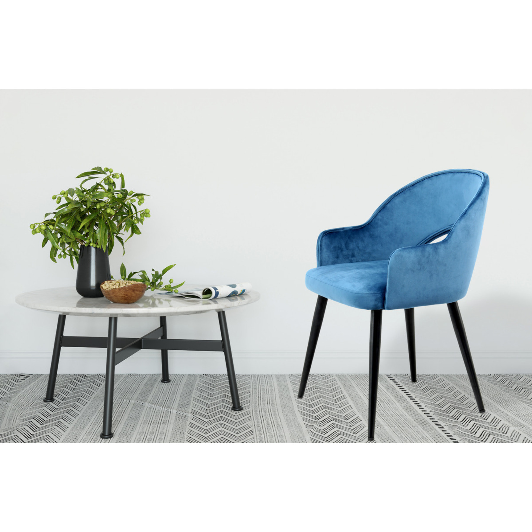 Set 2 Sedie Joris in Velluto Blu con Schienale Aperto