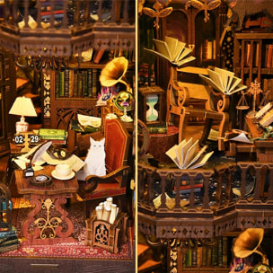 Biblioteca de las Maravillas. Book Nook de madera, diseño 3D realista con gran detalle, cubierta y luces led.