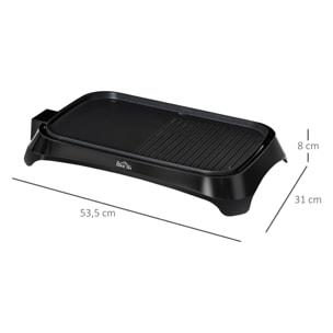 Plancha de Asar Eléctrica Cocina 1600W Aluminio con Temperatura Regulable Superficie de 40,6x25,2 cm Revestimiento Antiadherente y Bandeja de Goteo 53,5x31x8 cm Negro