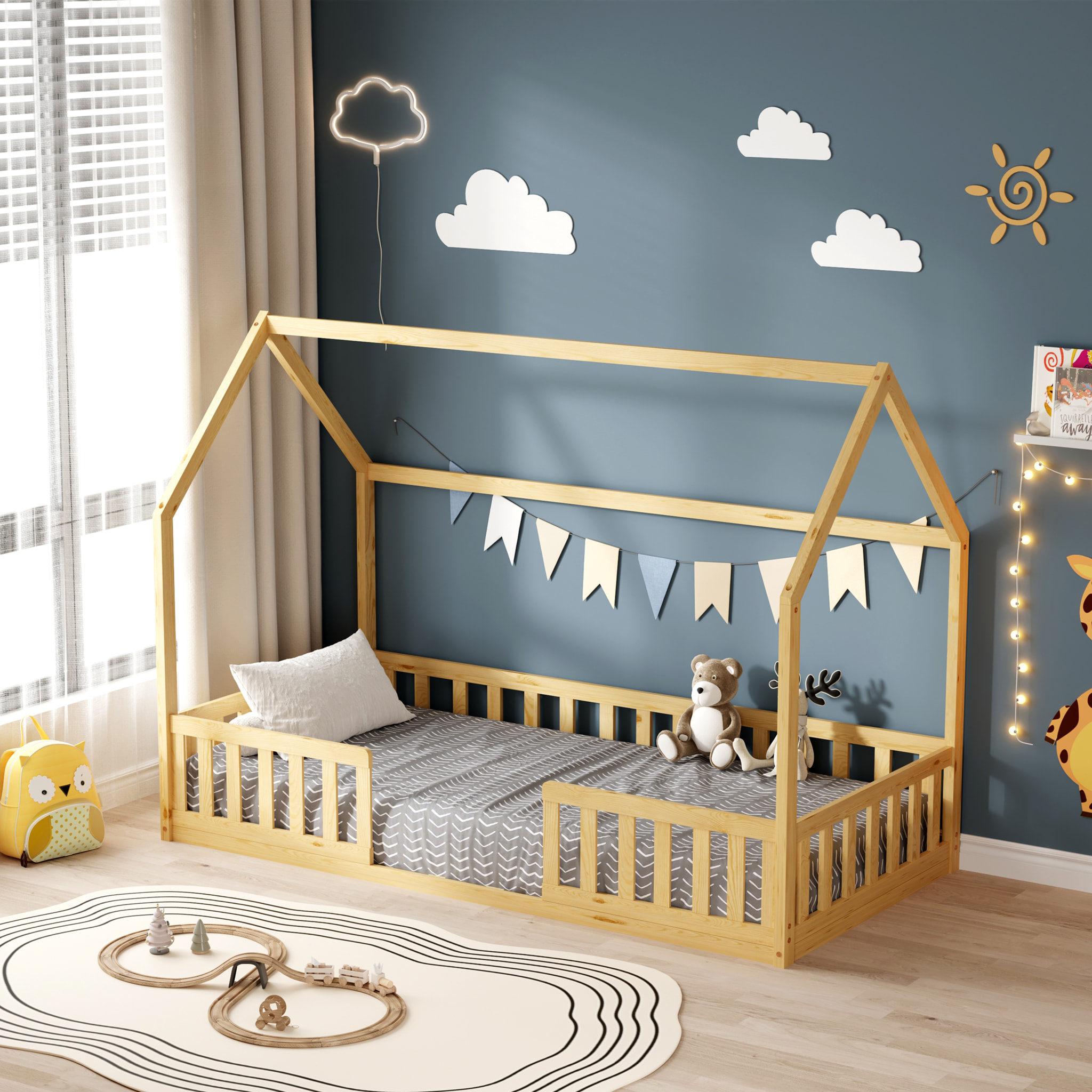 Lit Cabane Nid enchanté 90 x 190 cm, Couleur Bois, Bois de Pin naturel, Barrières latérales de sécurité, Favorise l'imagination