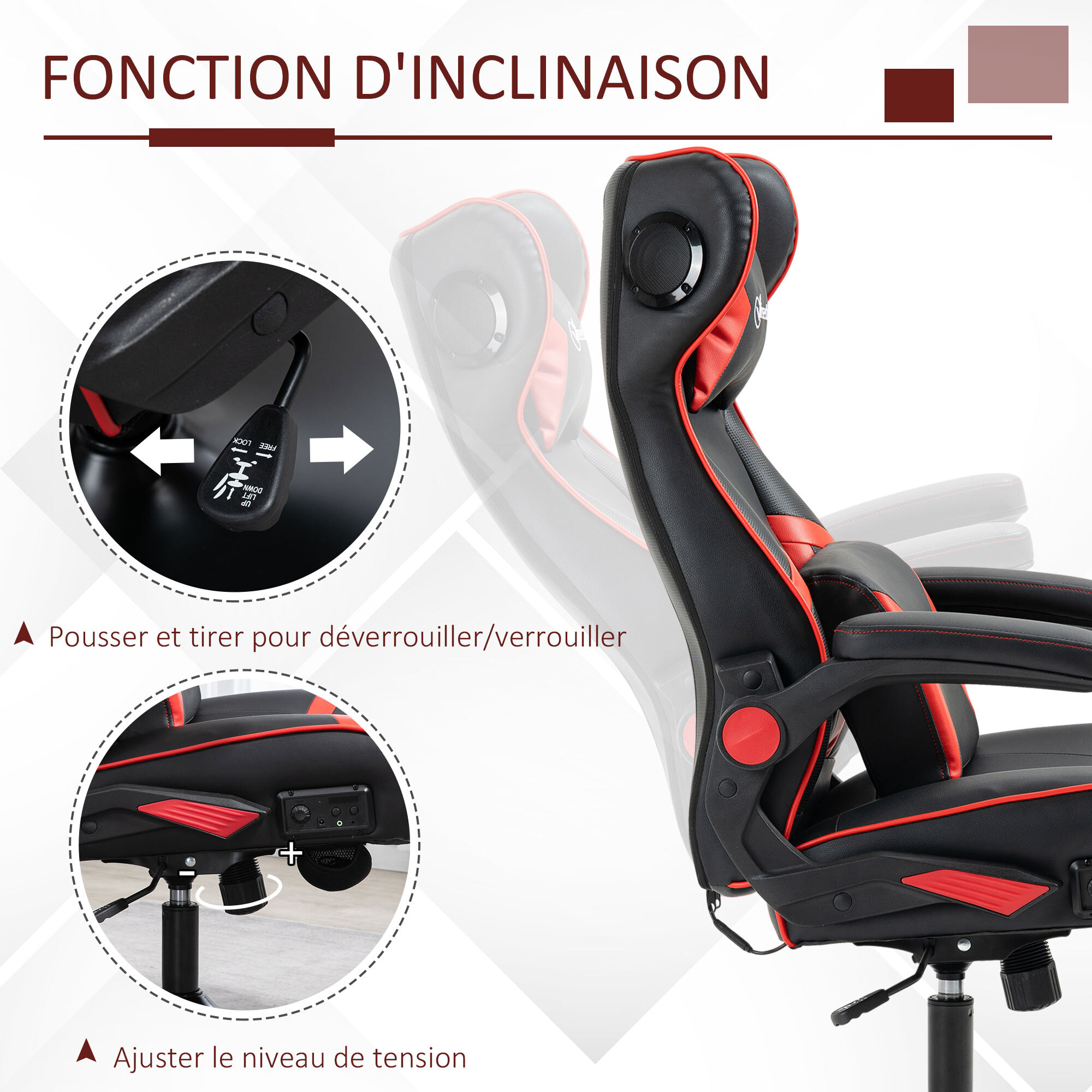 Fauteuil gaming fauteuil de bureau gamer fonction audio pivotant réglable accoudoirs relevables rouge noir