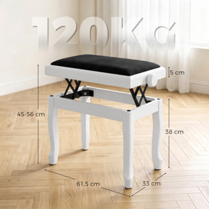Banc de Piano, Tabouret Piano Réglable en Hauteur 45-56 cm, Siège Rembourré en Velours, Blanc