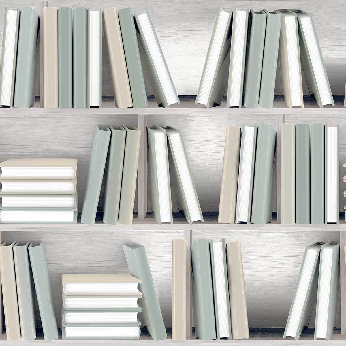 Papier peint étagère livres pastel moderne