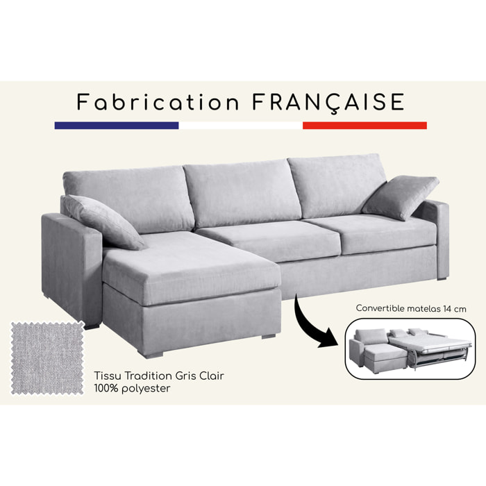 Canapé d'angle convertible 14 cm LYS 260x160 cm Tradition Gris Clair - Fabriqué en France