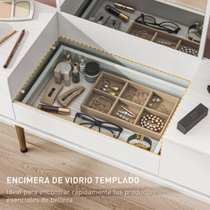 Tocador de Maquillaje con Espejo Tocador con Encimera de Vidrio Templado Visible 3 Cajones Mesa de Maquillaje Moderna para Dormitorio Blanco