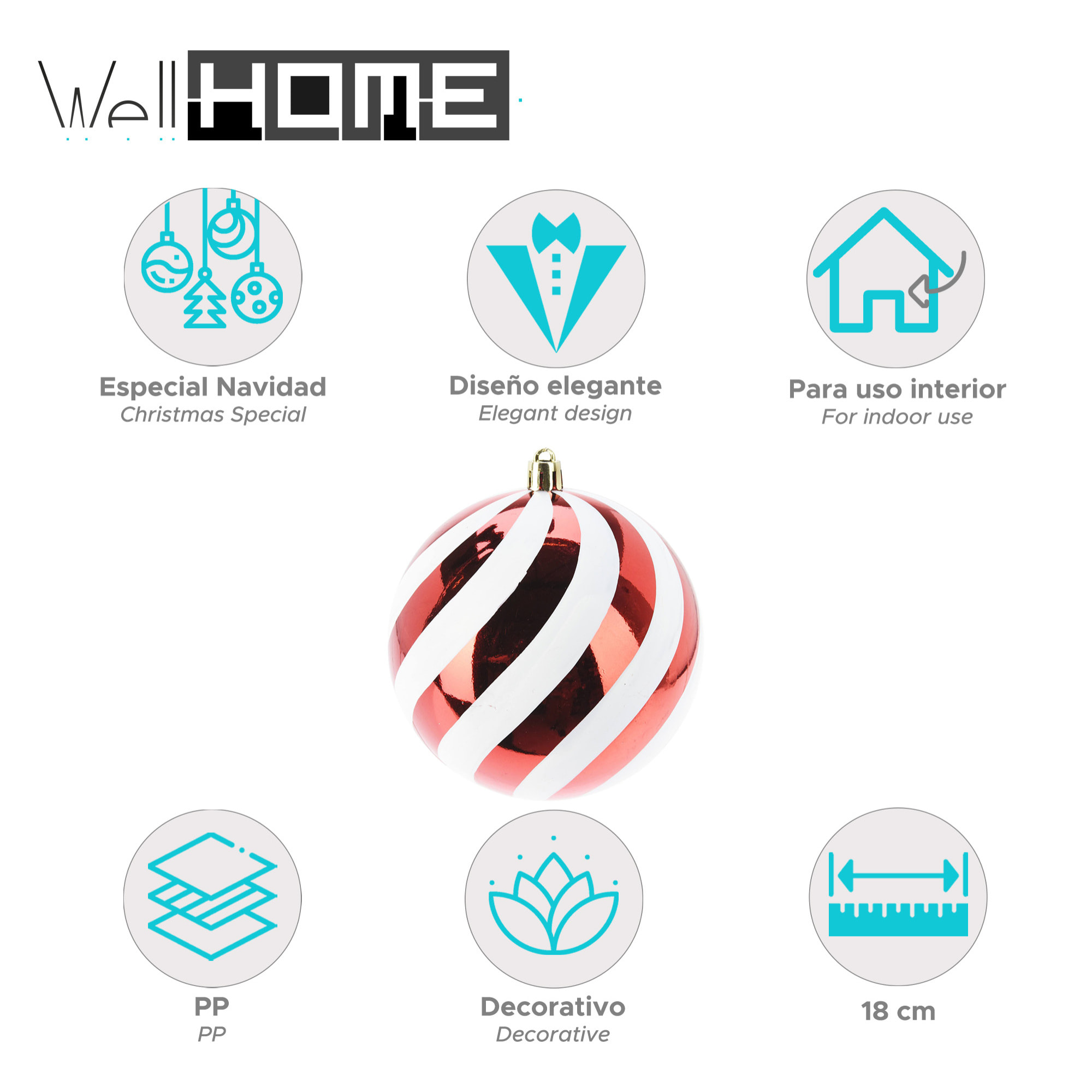 bola de navidad a rayas roja de 18 cm con acabado brillante