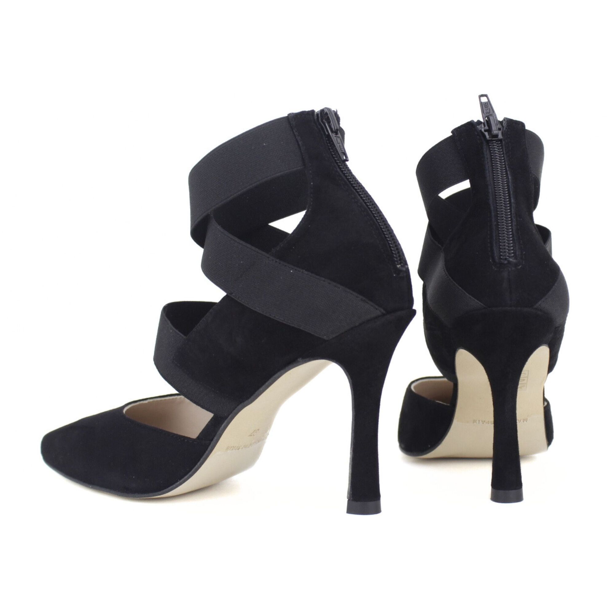 Sandalia de fiesta de ante color negro con tiras elásticas. Tacón de 9 cm