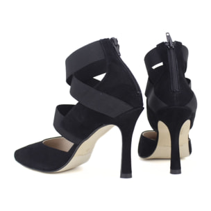 Sandalia de fiesta de ante color negro con tiras elásticas. Tacón de 9 cm