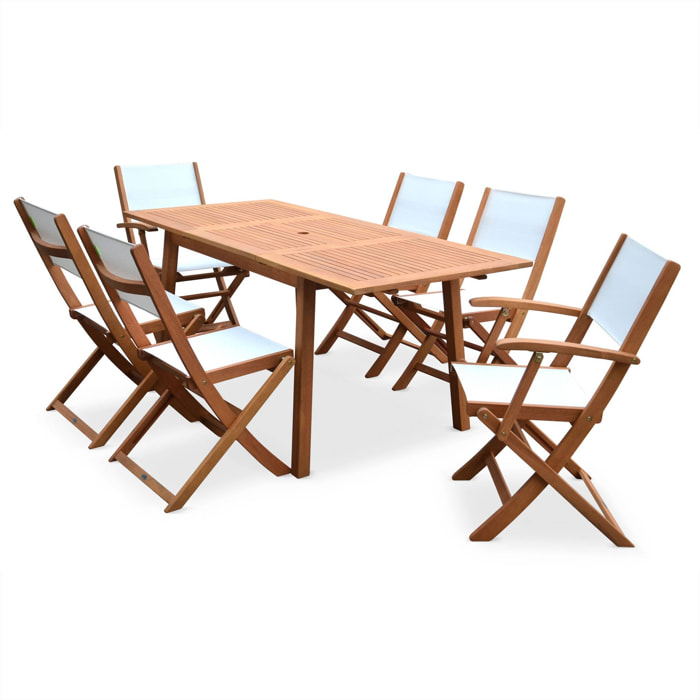Table de jardin extensible bois d'eucalyptus + 6 assises - Almeria - Table 120/180cm avec rallonge. 2 fauteuils et 4 chaises. en bois d'Eucalyptus huilé et textilène blanc