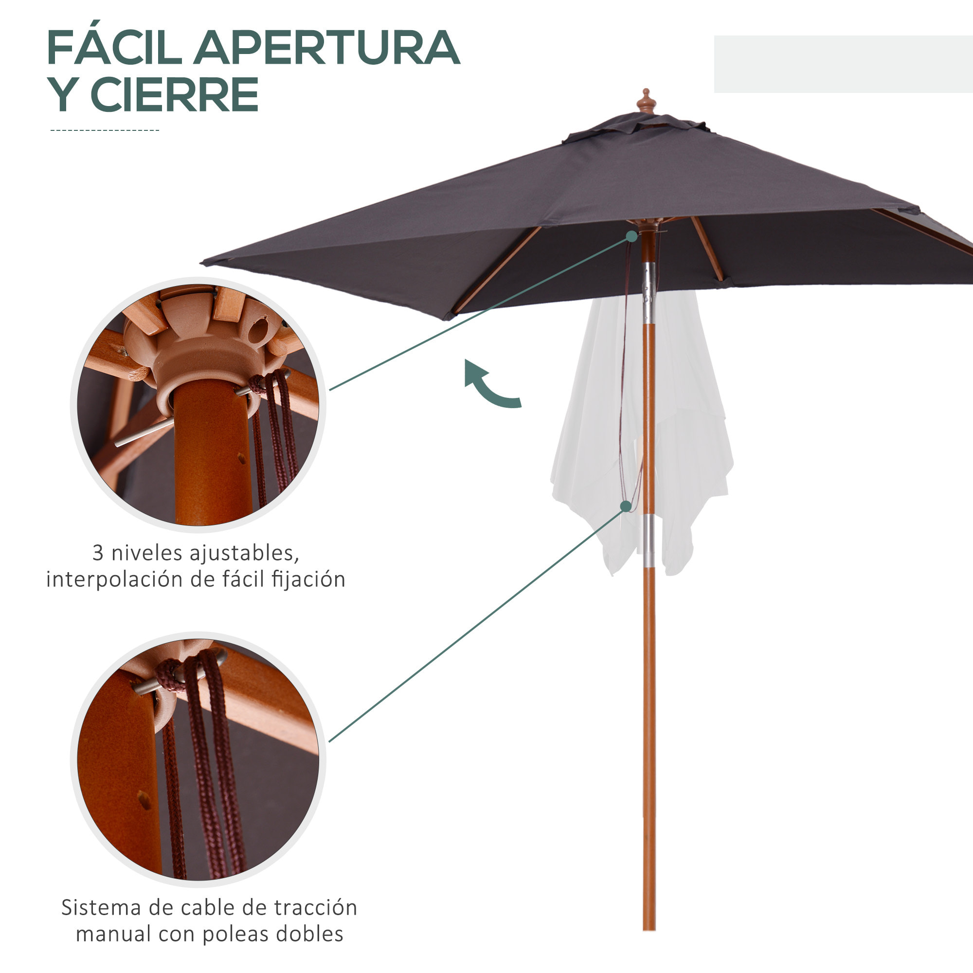 Sombrilla Terraza Exterior 200x150 cm Sombrilla de Jardín Rectangular con Ángulo Ajustable Mástil de Madera y Manivela Parasol para Patio Terraza Gris Oscuro