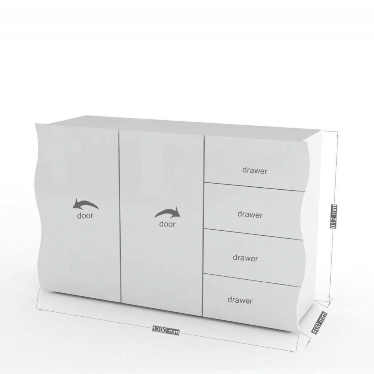 Credenza ondulata, Madia di design a 2 ante e 4 cassetti, Made in Italy, Mobile Porta TV, Buffet da soggiorno, cm 124x40h81, colore Bianco lucido