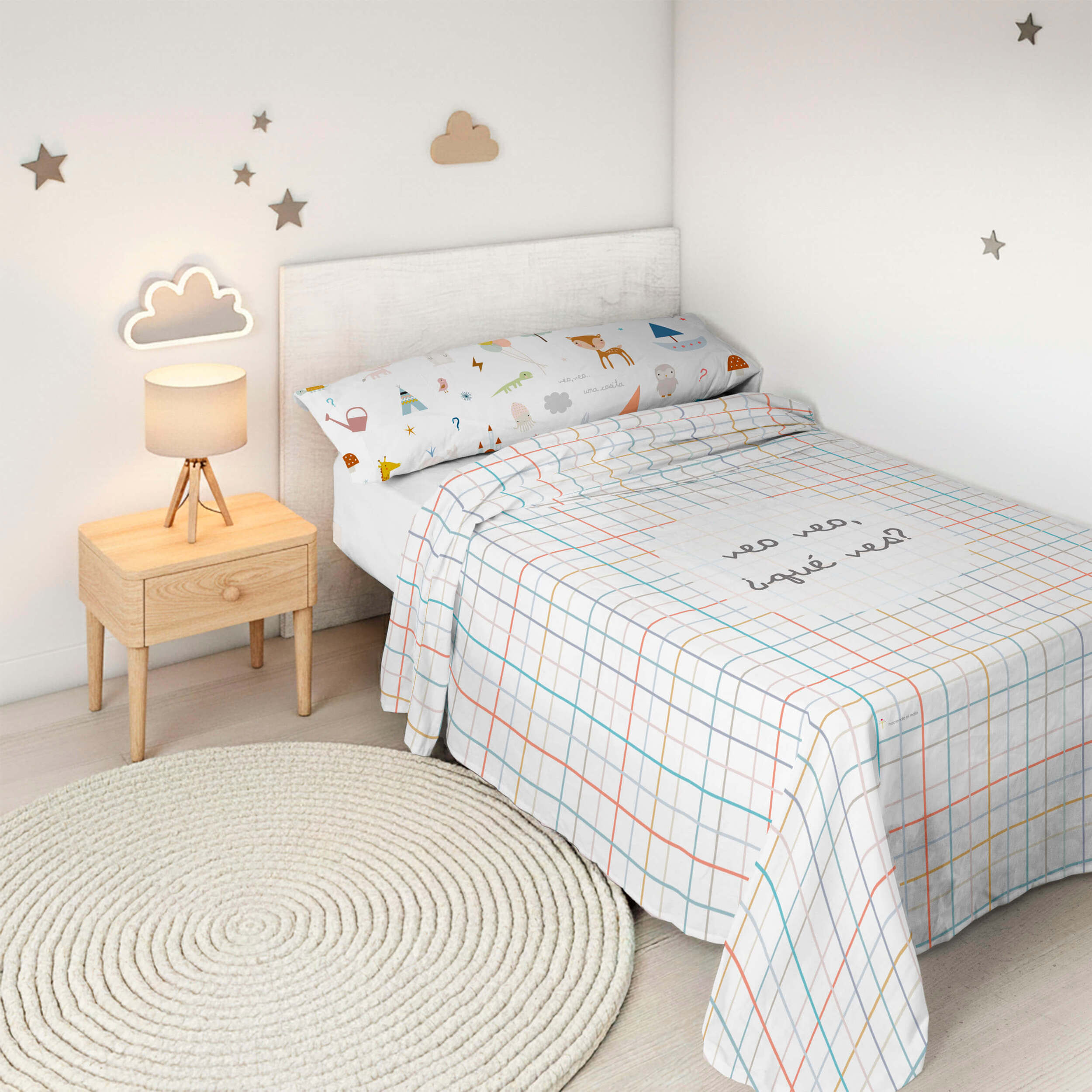 Juego de Sábanas Estampadas - Infantil - Incluye 1 Funda de Almohada - 100% Algodón - Veo Veo