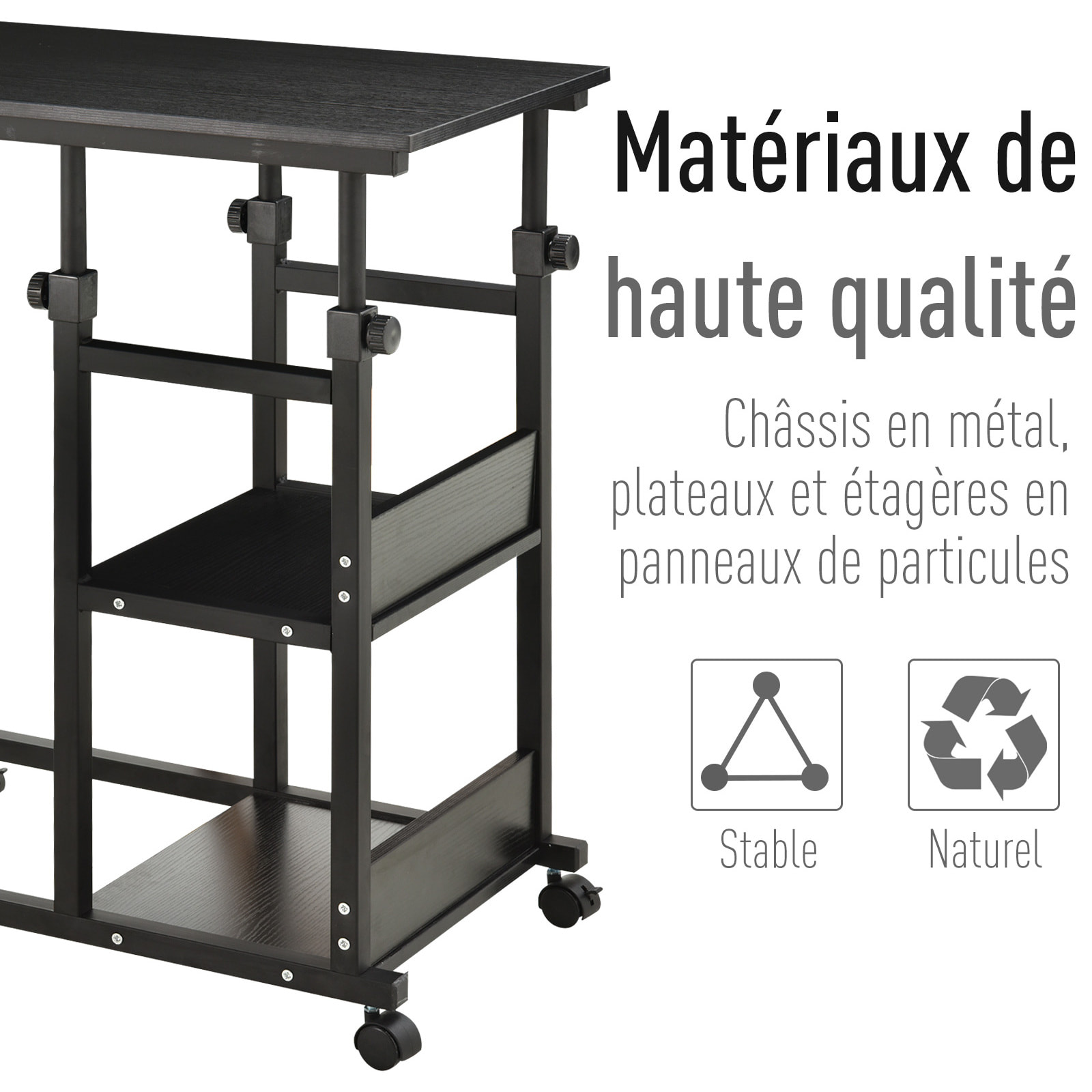 Table de lit/fauteuil - table roulante - hauteur réglable - 2 étagères intégrées - panneaux particules E1 métal noir