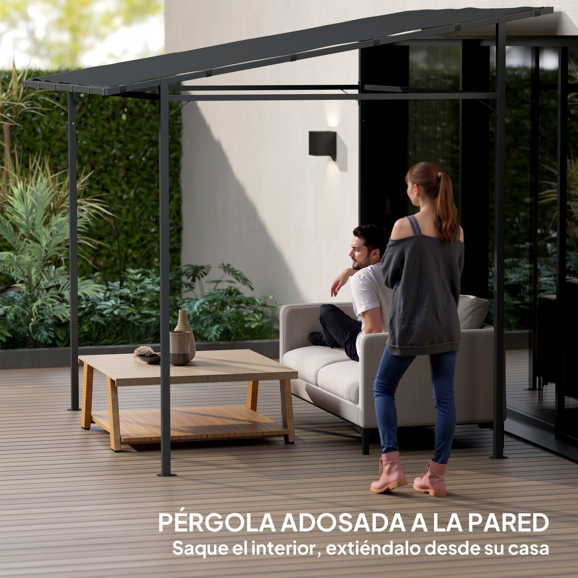 Pérgola de Pared 2,4x2,4 m Cenador de Jardín con Techo Inclinado Protección UV 30+ Impermeable y Marco de Metal para Patio Terraza Balcón Gris Oscuro